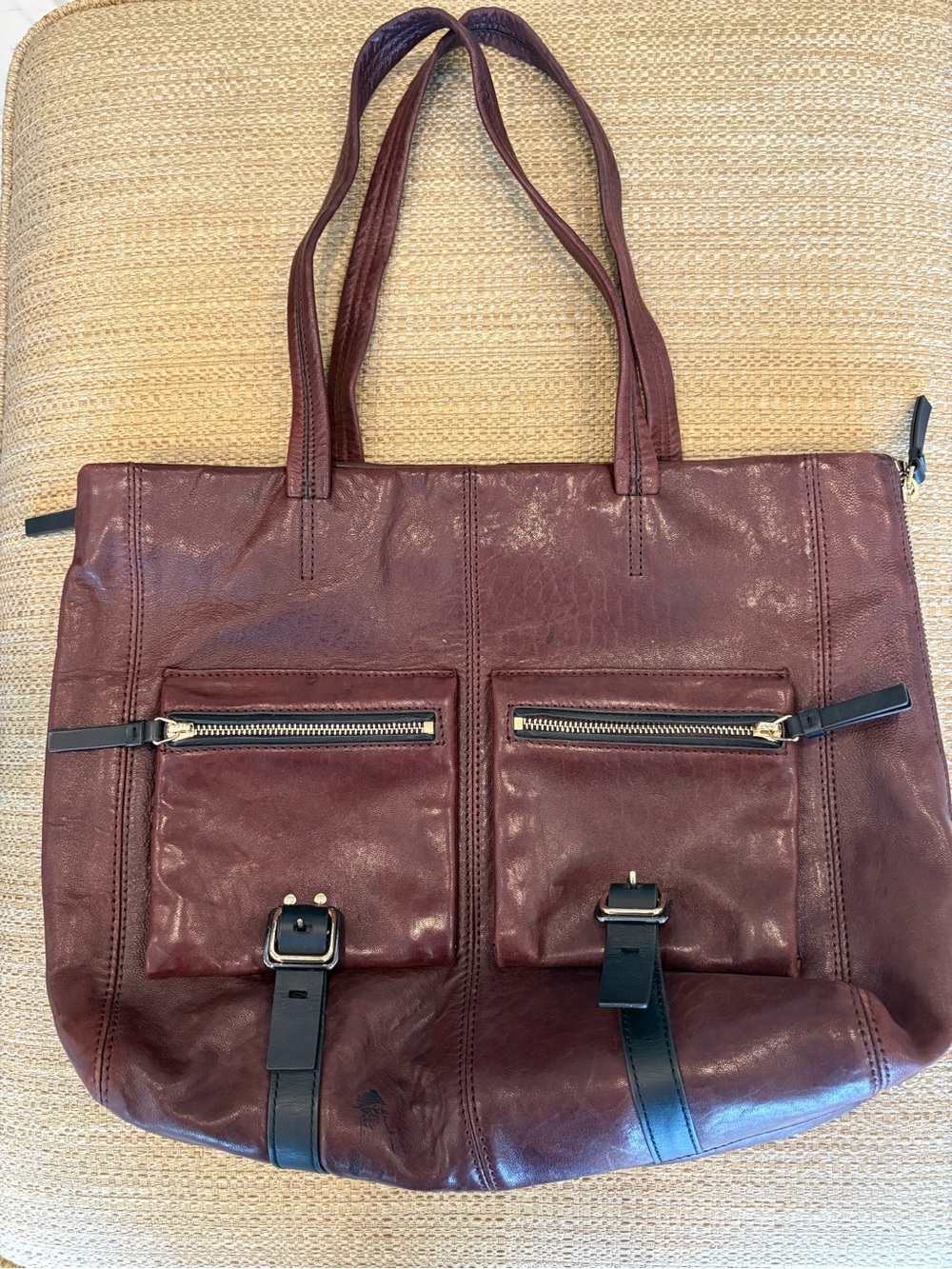 Vince Camuto Burgundy Leather Tote with Front Zip Pockets